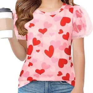 Arshiner Girls Shirts Mesh Puff Short Sleeves Blouse Crewneck Cute Print Summer Kids Tee Tops