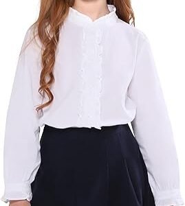 SOLOCOTE Girls White Blouse Ruffle Long Sleeve Button Down Shirts Princess Cotton Loose Soft Tops Spring and Summer 3-14Y