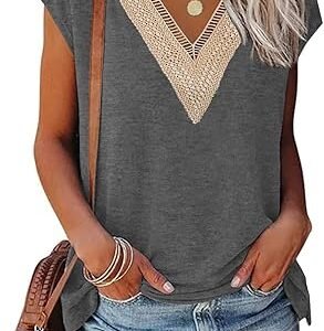 Womens Cap Sleeve Summer Tops Trendy Tank Tops Lace V Neck Loose Fit Shirts S-XXL