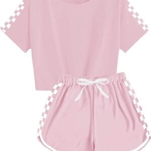 Girls Summer Clothes Kids Outfit Short Sleeve Crop Top ＋ Plaid Shorts Set Kids Sports Tracksuit