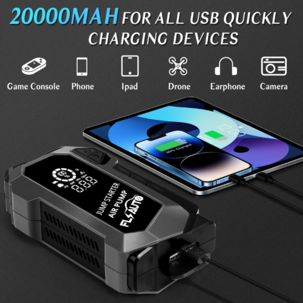 FlyAuto Car Jump Starter, 4000A Battery Jump Starter With Air Compressor, For Up To 10.0L Gas And 8.0L Diesel Engines, 12V Lithium Portable Jump Box Car Battery Jumper Start With LED Light Quick-Charge Battery Charger Power Bank - Image 4