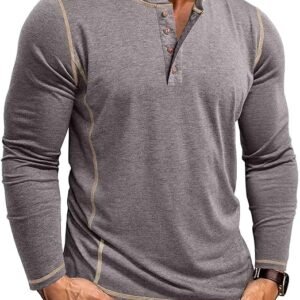 Mens Fashion Henley Shirts Long Sleeve Cotton T-Shirts Regular Fit Guys Muscle Gym Tops Button Workout Sports Shirts