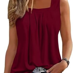Summer Tank Tops for Women Loose Fit Pleated Square Neck Sleeveless Shirt Flowy Tops S-XXL