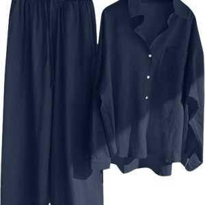 Airport Outfits for Women 2025 Summer 2 Piece Cotton Linen Sets Long Sleeve Buttons Shirts Wide Leg Pants Suits