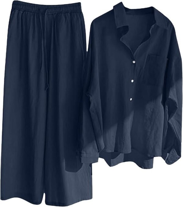 Airport Outfits for Women 2025 Summer 2 Piece Cotton Linen Sets Long Sleeve Buttons Shirts Wide Leg Pants Suits