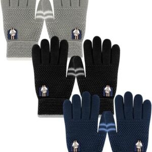 Winter Gloves for Toddler Kids - 3 Pairs Boys Girls Soft Warm Wool Lined Gloves Full Finger Children Thermal Knit Gloves (Black/Navy/Grey, 5-12T)
