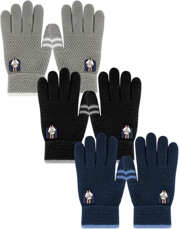 Winter Gloves for Toddler Kids - 3 Pairs Boys Girls Soft Warm Wool Lined Gloves Full Finger Children Thermal Knit Gloves (Black/Navy/Grey, 5-12T)