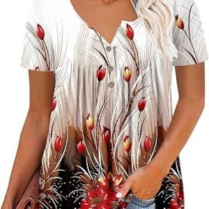 noabat Womens Henley Shirts Ladies Long Sleeve Tunic Top V Neck Flower Blouse Top
