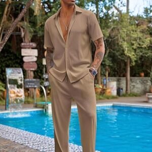 COOFANDY Men's 2 Piece Outfit Casual Short Sleeve Button Down Shirt Beach Summer Loose Pant Sets