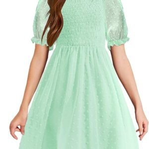 Arshiner Girls Summer Swiss Dot Chiffon Puffy Sleeve Square Neck Smocked Flowy Midi Dress 5-14 Yea