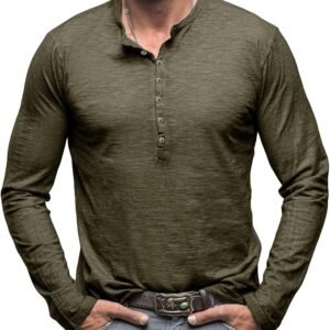 Long Sleeve Shirt for Men Relaxed Fit Comfort Linen Henley T Shirt Button up Pullover Casual Golf Athletic Gym Tops
