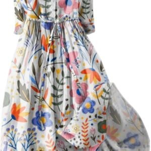 Womens 2025 Summer Boho Colorful Floral 3/4 Sleeve Pleated Midi Dress Flowy Casual Loose Beach Vacation Hawaii Dresses