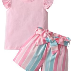 3PCS Toddler Infant Baby Girls Summer Outfits Set Sleeveless Solid T-Shirt Tops Colored Stripes Shorts Waist Belt