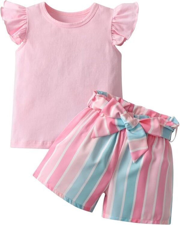 3PCS Toddler Infant Baby Girls Summer Outfits Set Sleeveless Solid T-Shirt Tops Colored Stripes Shorts Waist Belt
