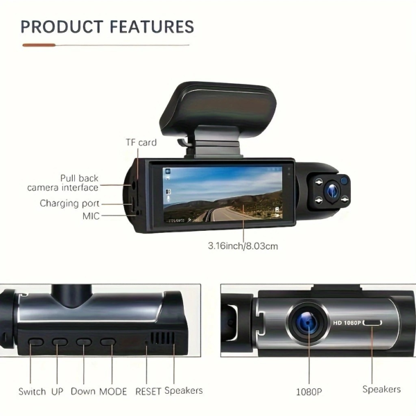 [1080P Dash Camera] BCUOZ 1080P Dash Camera for Cars | 480P Inside, IR Night Vision, Loop Recording, 3.16 Inch IPS Screen, Wide Angle Lens, Button Control, LCD Display, Rechargeable Battery - Black, Optional 32GB Memory Card - Image 2