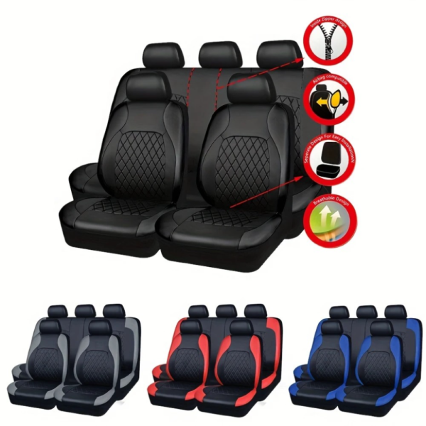 Fit 5-Seat Car Seat Covers - Premium PU Leather with Diamond Stitching & Headrest Cushions - All-Season Protection, Easy to Clean, Black/Red/Blue Options, Allseason Seat Protection | Diamondstitched Design | PU Leather Covers - Image 5