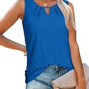 Womens Tank Tops Casual Sleeveless Eyelet Pleated Shirts Keyhole Scoop Neck Summer Tops Outfits