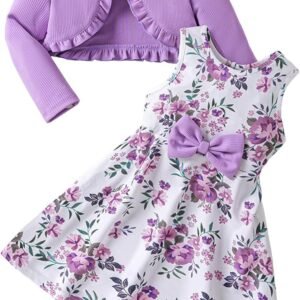 JiAmy Girls Dress and Cardigan Set Toddler Knitted Coat Floral Print Dresses 2Pcs Outfits Clothes for 12 Months-7 Years