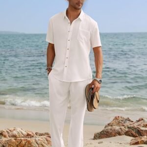 EISHOPEER Men's Linen Sets 3 Piece Casual Button Down Cotton Linen Shirt and Long Pants Set Beach Outfits with Hats S-3XL