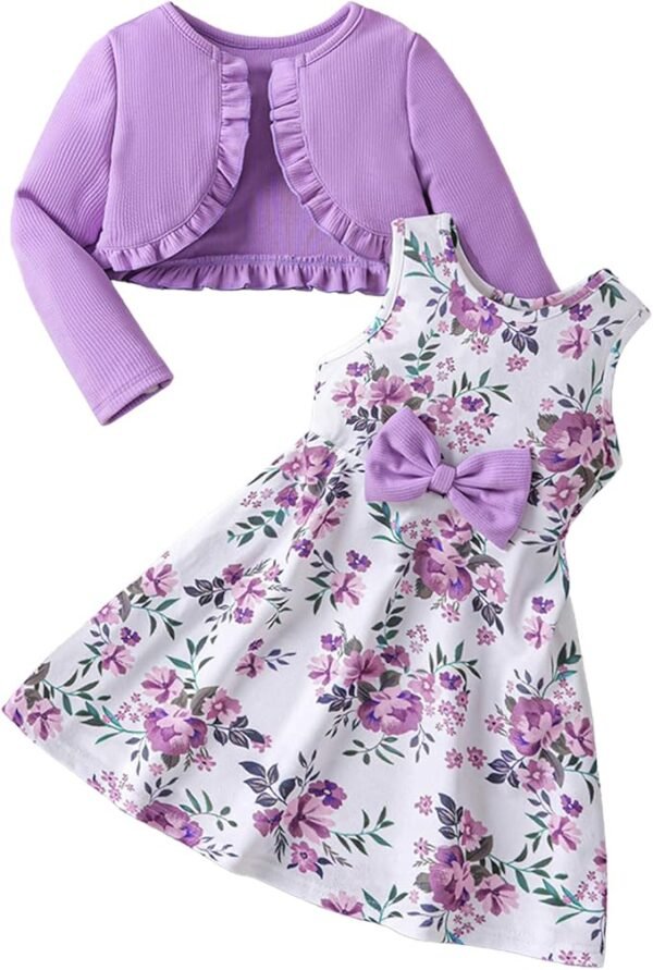 JiAmy Girls Dress and Cardigan Set Toddler Knitted Coat Floral Print Dresses 2Pcs Outfits Clothes for 12 Months-7 Years