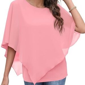 Qixing Summer Casual Loose Round Neck Chiffon Flowy Tops Blouses for Women