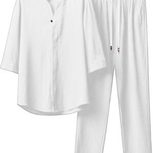 Cotton Linen Set for Men Half Sleeve Button Up Henley Shirt and Pants Suit 2024 Summer Casual Loose Fit Beach Outfits