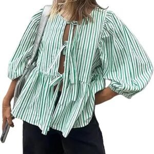 Women's Y2K Puff Short Sleeve Peplum Shirt Tie Front Ruffle Hem Babydoll Blouses Cute Teen Girls Summer Tops
