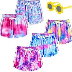 slaixiu 5-Pack Girls Athletic Shorts Comfortable Breathable Athletic Shorts with Drawstring Printed Dolphin Shorts 5-16 Years
