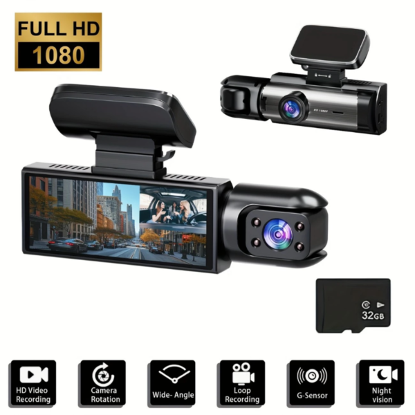 [1080P Dash Camera] BCUOZ 1080P Dash Camera for Cars | 480P Inside, IR Night Vision, Loop Recording, 3.16 Inch IPS Screen, Wide Angle Lens, Button Control, LCD Display, Rechargeable Battery - Black, Optional 32GB Memory Card