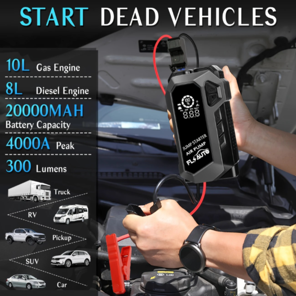 FlyAuto Car Jump Starter, 4000A Battery Jump Starter With Air Compressor, For Up To 10.0L Gas And 8.0L Diesel Engines, 12V Lithium Portable Jump Box Car Battery Jumper Start With LED Light Quick-Charge Battery Charger Power Bank - Image 2