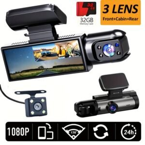 3 Channel Dash Cam for Cars Front 1080P inside 720P Rear 720P Car Camera Video Recorder