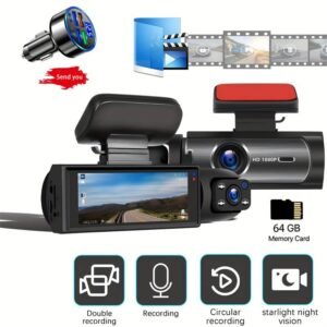 T&C Dual Dash Cam DVR for Cars, 1080P HD Front and Cabin Recording, Loop Recording, Includes