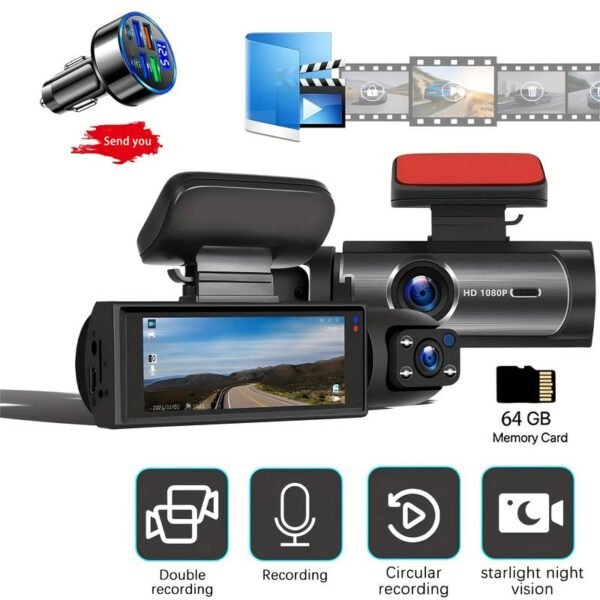 T&C Dual Dash Cam DVR for Cars, 1080P HD Front and Cabin Recording, Loop Recording, Includes