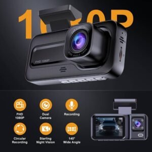 T&C 1080P Dual Dash Cam for Cars, Rechargeable Battery, Push Button Control, LED Display, Wide Ang