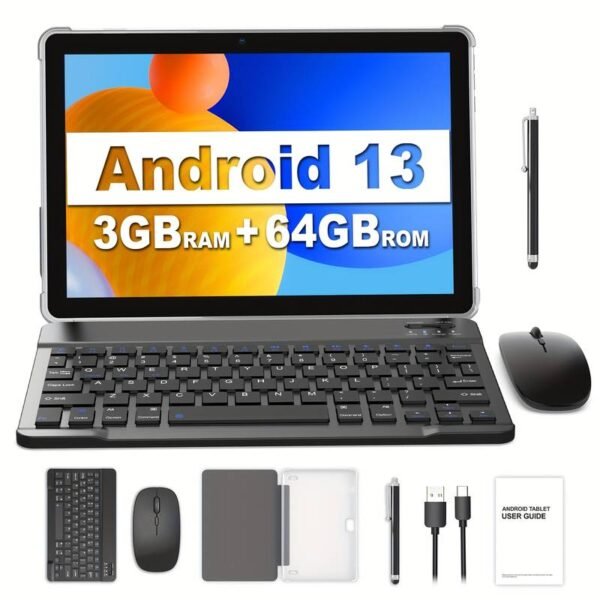 Android 13 Tablet, 10.1 Inch, Quad-core Processor, 64GB ROM 3GB RAM, 1TB Expandable Memor
