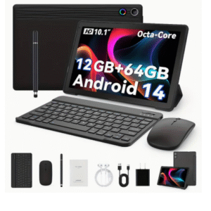 MAYPUG 2-in-1 Tablet, 10.1-inch Android 14 Tablet, Octa-Core CPU, 12GB RAM (3+9), 64GB Stor
