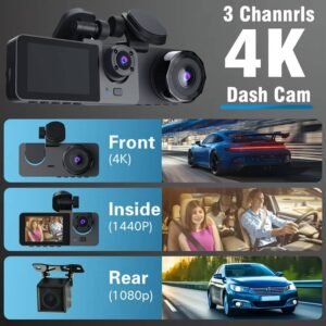 3-Channel 4K Full HD Dash Cam with Night Vision, Front & Rear Car Camera, 1080P WDR, G Sen