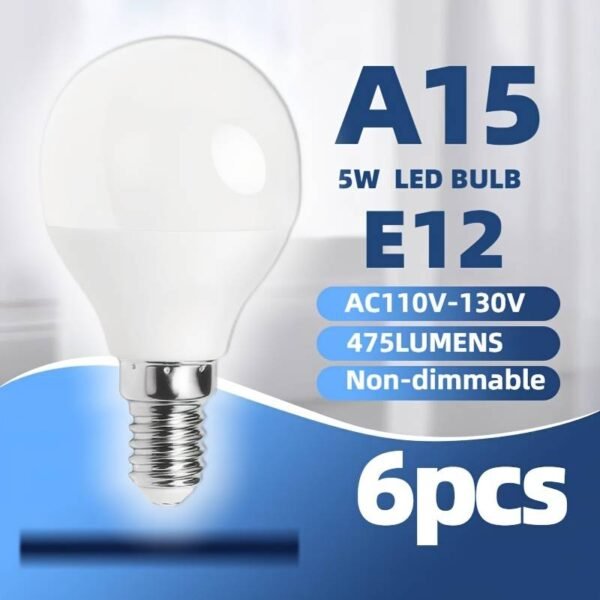 5W 475 Lumens Mini LED Bulb - E12 Candelabra Base (A15/G45 Globe), 3000K/5000K/6500K Color