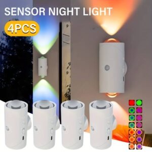 Set of 4 LED Night Lights Featuring a Motion Sensor, Rechargeable Via USB, Providing Illuminatio