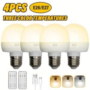 4pcs LiHangStar Smart LED Bulbs, E26/E27 Base, USB Rechargeable with Remote Control for Color