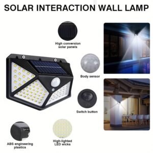 100 LED Solar-Powered Wall Lamp with Motion Sensor -, High-Brightness LED Lights for Outdoor